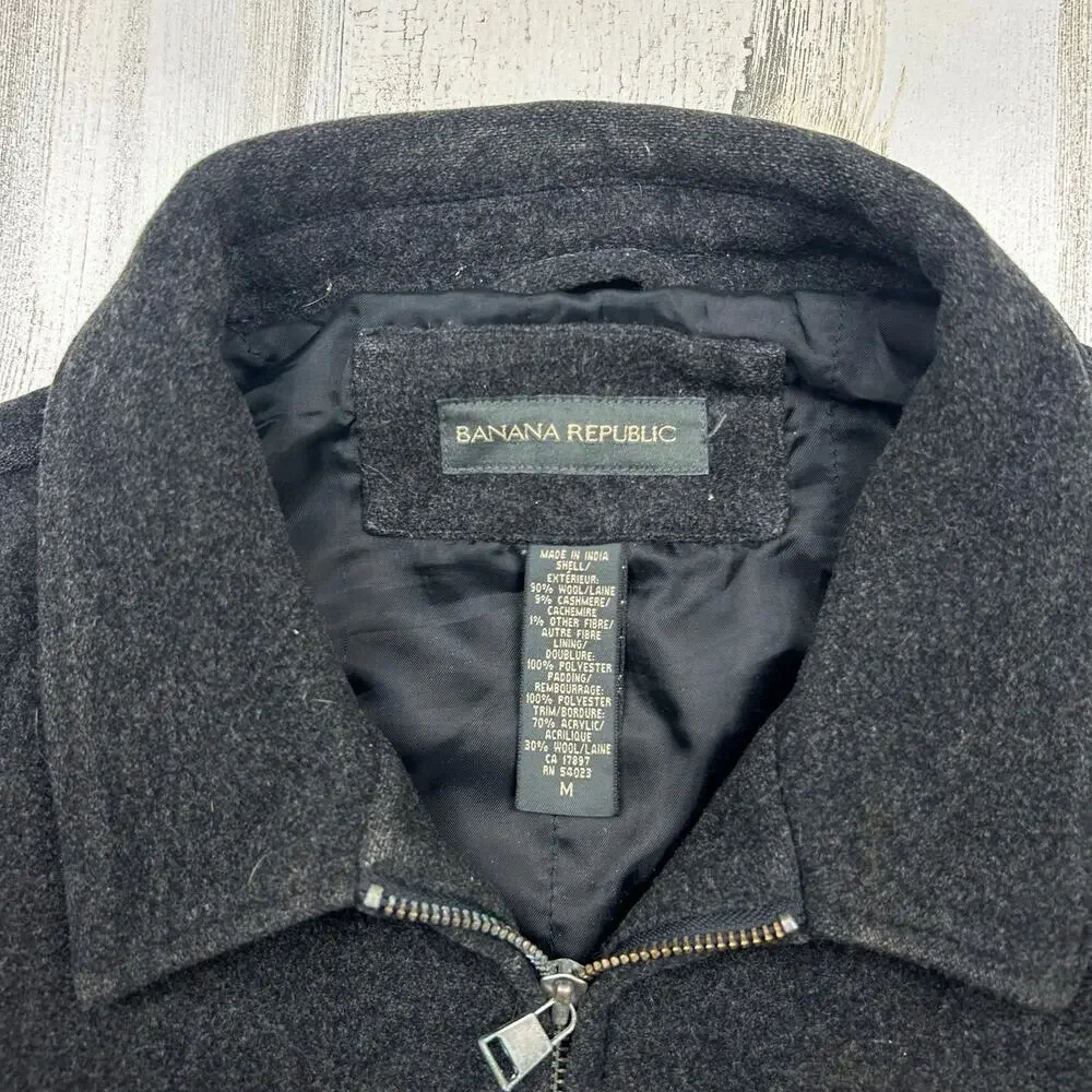 Banana Republic Wool Cashmere Jacket Mens M Charcoal Gray Full Zip Bomber Coat